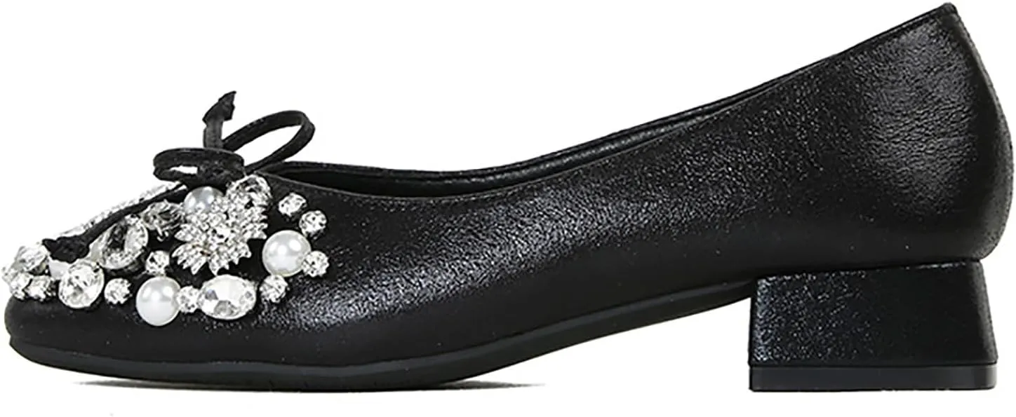 Women's Rhinestone Pearl Bowknot Chunky Heel Pumps,Square Toe Comfort Slip on Walking Dress Shoes Classic Office Wedding Party Shoes