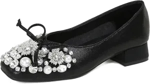 Women's Rhinestone Pearl Bowknot Chunky Heel Pumps,Square Toe Comfort Slip on Walking Dress Shoes Classic Office Wedding Party Shoes