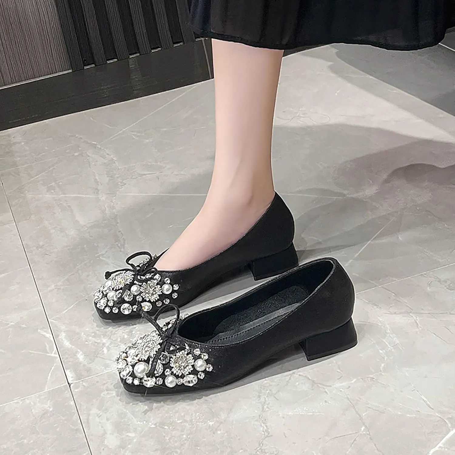 Women's Rhinestone Pearl Bowknot Chunky Heel Pumps,Square Toe Comfort Slip on Walking Dress Shoes Classic Office Wedding Party Shoes