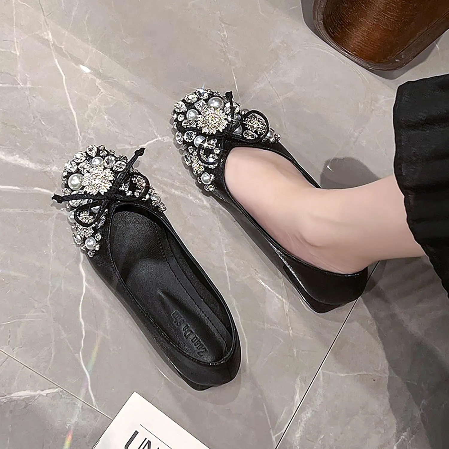 Women's Rhinestone Pearl Bowknot Chunky Heel Pumps,Square Toe Comfort Slip on Walking Dress Shoes Classic Office Wedding Party Shoes