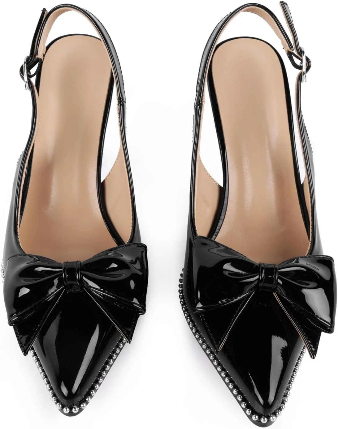 Women's Slingback Heels with Bow Sexy Pointed Toe Beaded Pumps Cute Stiletto Heel with Buckle Strap Dress Shoes for Dating Party Wedding Work
