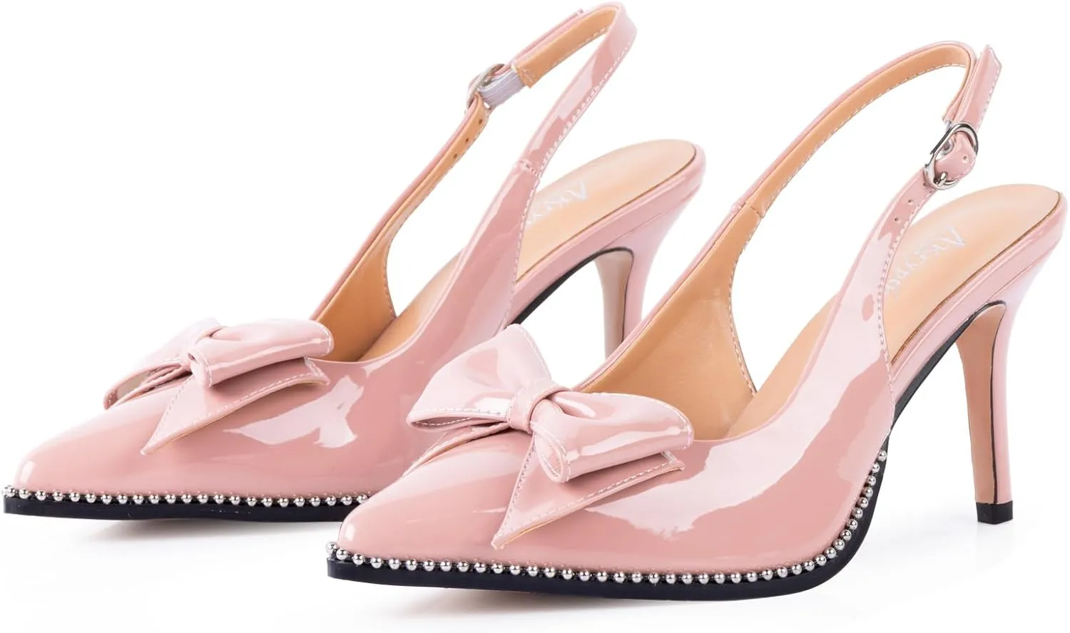 Women's Slingback Heels with Bow Sexy Pointed Toe Beaded Pumps Cute Stiletto Heel with Buckle Strap Dress Shoes for Dating Party Wedding Work
