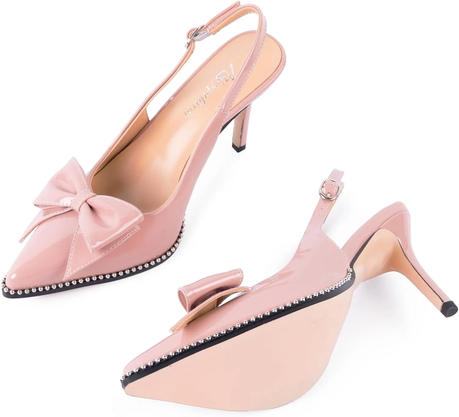 Women's Slingback Heels with Bow Sexy Pointed Toe Beaded Pumps Cute Stiletto Heel with Buckle Strap Dress Shoes for Dating Party Wedding Work