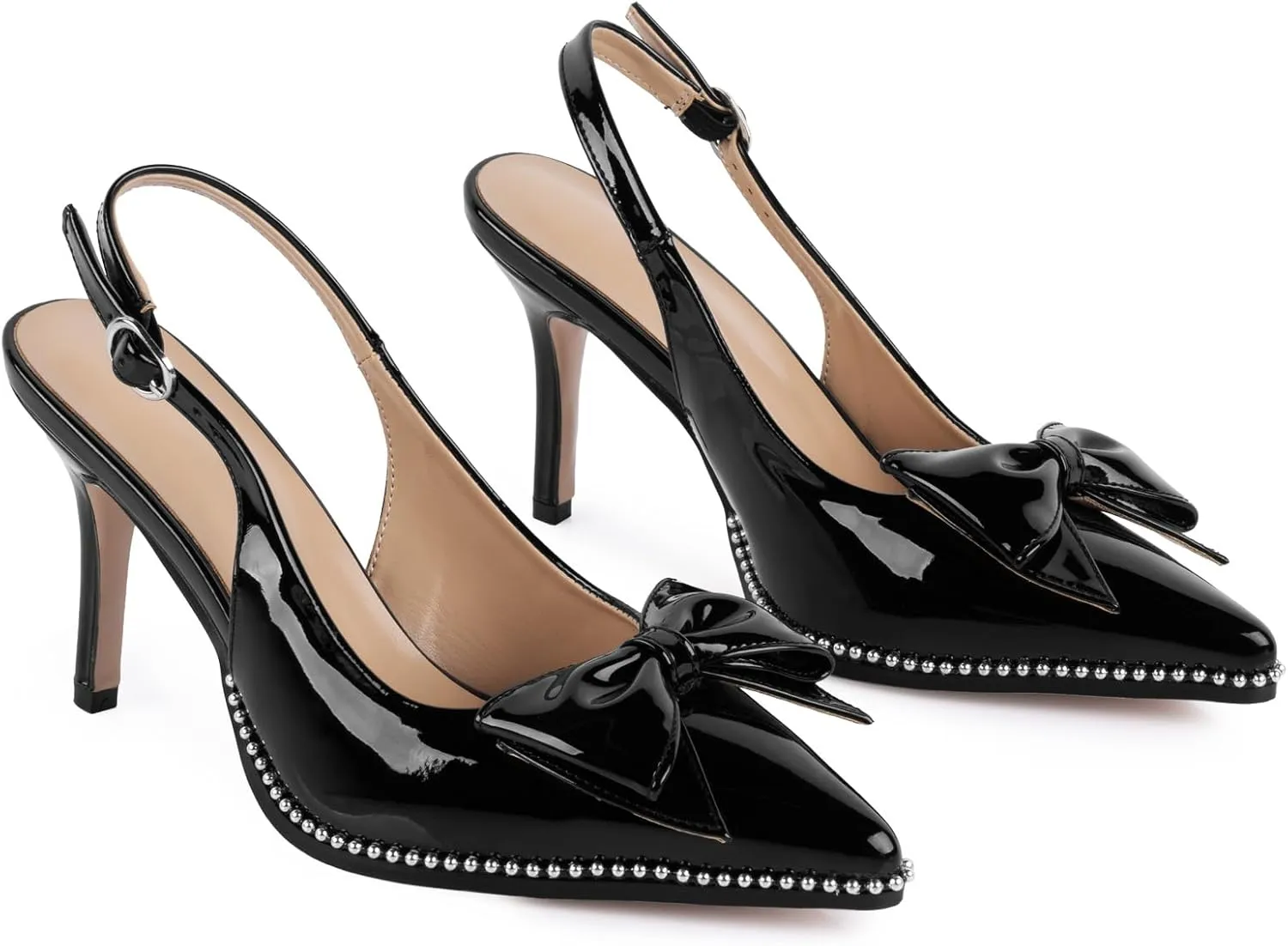 Women's Slingback Heels with Bow Sexy Pointed Toe Beaded Pumps Cute Stiletto Heel with Buckle Strap Dress Shoes for Dating Party Wedding Work