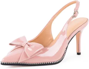 Women's Slingback Heels with Bow Sexy Pointed Toe Beaded Pumps Cute Stiletto Heel with Buckle Strap Dress Shoes for Dating Party Wedding Work