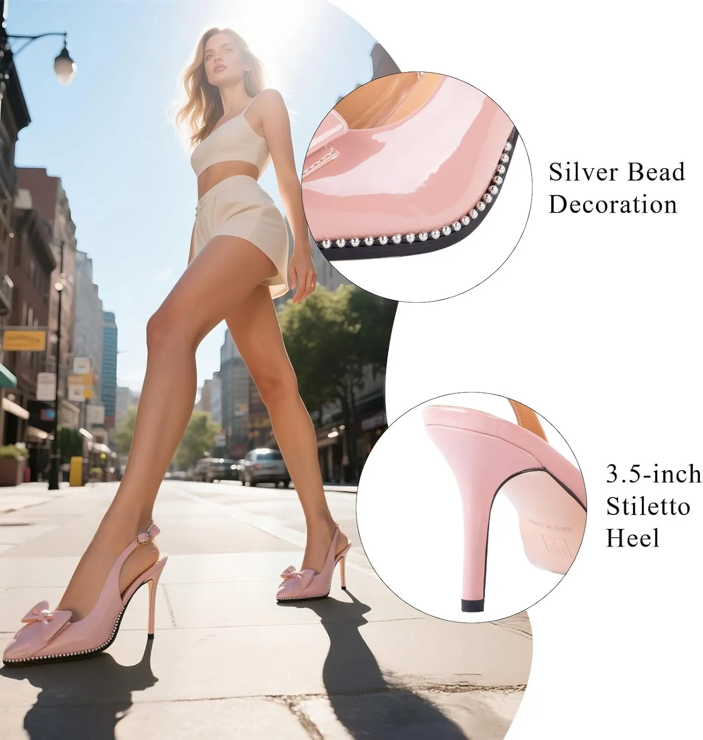 Women's Slingback Heels with Bow Sexy Pointed Toe Beaded Pumps Cute Stiletto Heel with Buckle Strap Dress Shoes for Dating Party Wedding Work