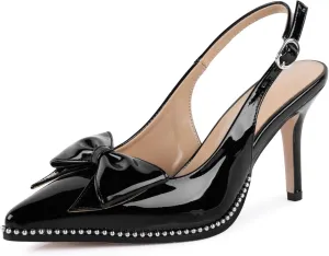 Women's Slingback Heels with Bow Sexy Pointed Toe Beaded Pumps Cute Stiletto Heel with Buckle Strap Dress Shoes for Dating Party Wedding Work