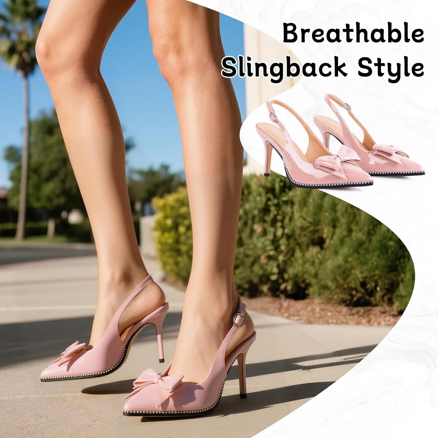 Women's Slingback Heels with Bow Sexy Pointed Toe Beaded Pumps Cute Stiletto Heel with Buckle Strap Dress Shoes for Dating Party Wedding Work