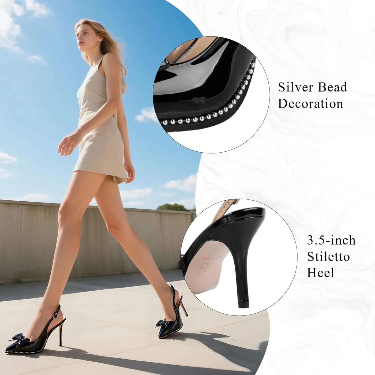 Women's Slingback Heels with Bow Sexy Pointed Toe Beaded Pumps Cute Stiletto Heel with Buckle Strap Dress Shoes for Dating Party Wedding Work