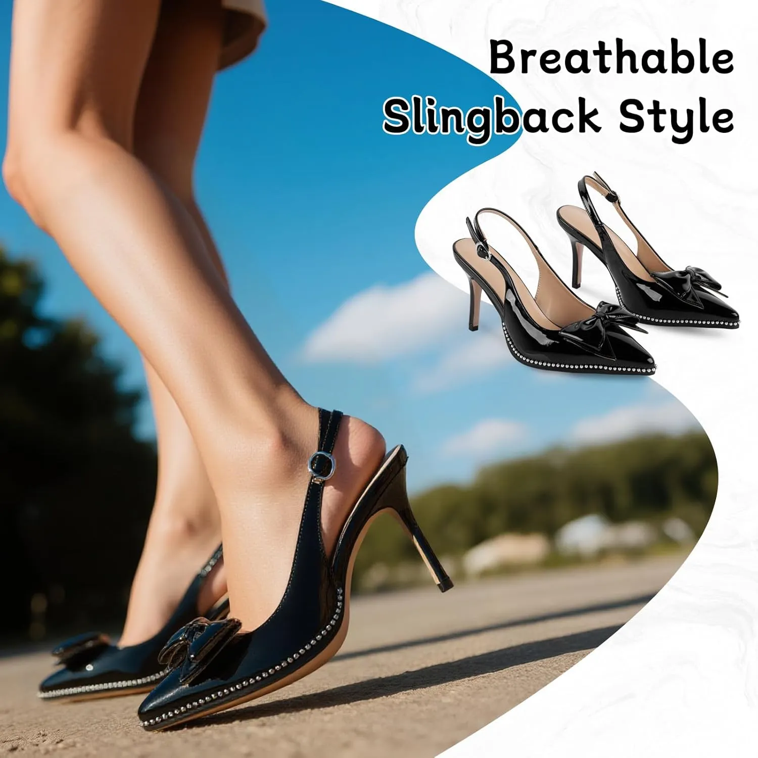 Women's Slingback Heels with Bow Sexy Pointed Toe Beaded Pumps Cute Stiletto Heel with Buckle Strap Dress Shoes for Dating Party Wedding Work