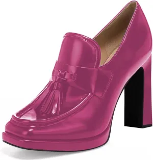YDN Women Tassel Square Toe Penny Loafers Platform Chunky High Heel Pumps Slip on Work Office Outift Shoes Size 4-15 US