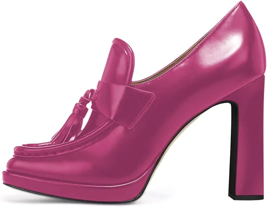 YDN Women Tassel Square Toe Penny Loafers Platform Chunky High Heel Pumps Slip on Work Office Outift Shoes Size 4-15 US